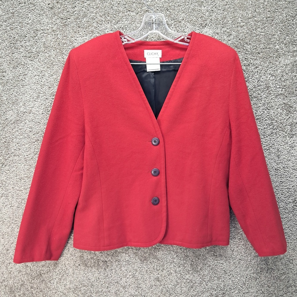 Clichy Red Wool Cashmere Blend Collarless Blazer Jacket Made in Canada Size 10